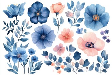 Watercolor Flowers Illustration Delicate Floral Art Blue and Pink Blossoms Set on white background. Generative AI