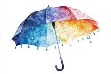 Watercolor Rainbow Umbrella Rainy Day Artwork Vibrant Colors Artistic Painting on white background. Generative AI