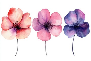 Watercolor flower trio art print floral blossom pastel petal painting bouquet on white background. Generative AI