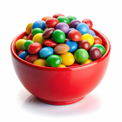 pile of colorful candies in red bowl on white background