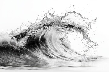 Majestic wave cresting with powerful motion in grayscale ocean photography art on white background. Generative AI