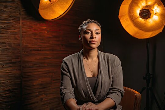 Business strategist in interview pose seated near warm brass light fixtures cinematic three-point lighting with strong key and