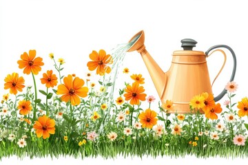 Watering Can Nurturing Orange Flowers A Blooming Garden Illustration in on white background. Generative AI