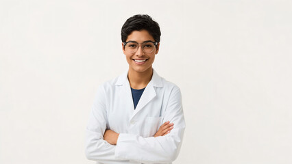 Scientist in Lab Coat with Crossed Arms and Smile on White Background