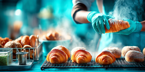 A professional baker places fresh croissants on a rack in a busy kitchen.