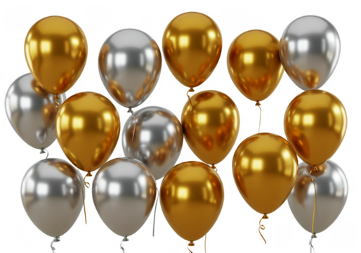 Shiny Gold and Silver Balloons Party Decoration Transparent Background