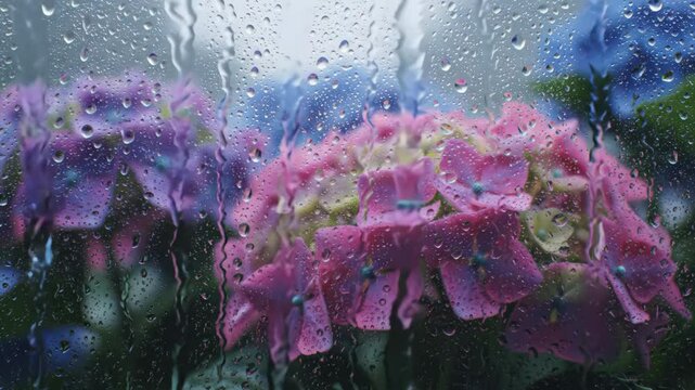 A beautiful scene of hydrangea flowers and raindrops on glass in the rain