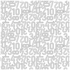 A Repeating typography print design of numbers and letters in diverse styles, creating a textured visual effect on a neutral backdrop.