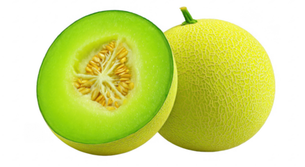 Two halves of a pale green/yellow cantaloupe melon, seeds visible