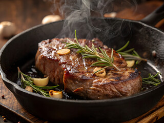 Grilled steak with rosemary and garlic in a cast iron pan, smoke and steam, juicy textures of meat