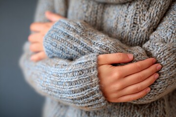 Cozy hands wrapped in warm knit sweater against neutral background in indoor setting