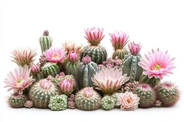 Blooming Cactus Garden Pink Flowers Desert Plants Floral Display Spring Time 80 on white background. Generative AI