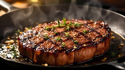 Grilled steak with rosemary and garlic in a cast iron pan, smoke and steam, juicy textures of meat