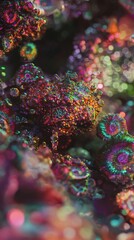 Iridescent microcrystals exhibit fractal patterns and vibrant colors on mineral surface