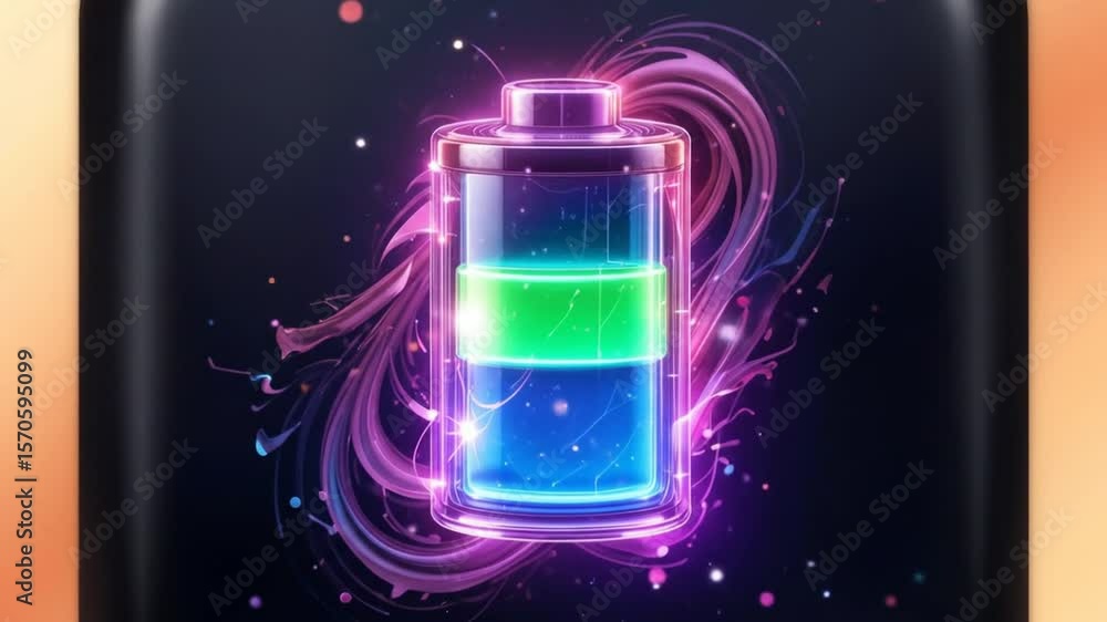 Poster animated full battery charge concept on a minimalist display background with glowing effect