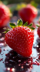 Hyperrealistic strawberries with water drops on glossy surface, close-up, juicy textures