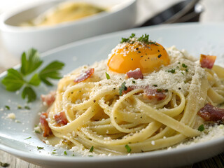 Italian pasta carbonara with yolk, parmesan and drops of olive oil