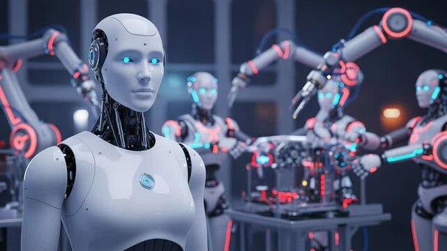 Innovative Robotics Showcase in High-Tech Workshop With Humanoid Robots Engaging in Automation Tasks