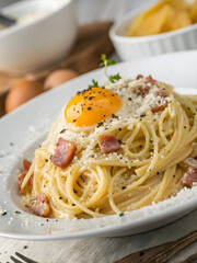 Italian pasta carbonara with yolk, parmesan and drops of olive oil