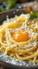 Italian pasta carbonara with yolk, parmesan and drops of olive oil