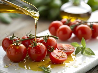 Olive oil dripping onto ripe cherry tomatoes