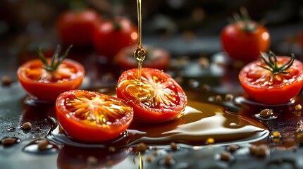 Olive oil dripping onto ripe cherry tomatoes