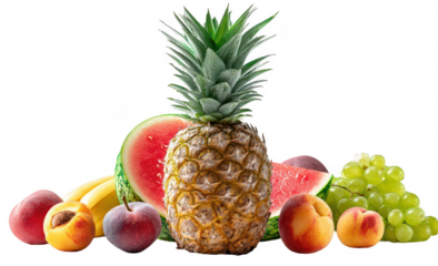 Fruit assortment pineapple, watermelon, peaches, grapes, bananas