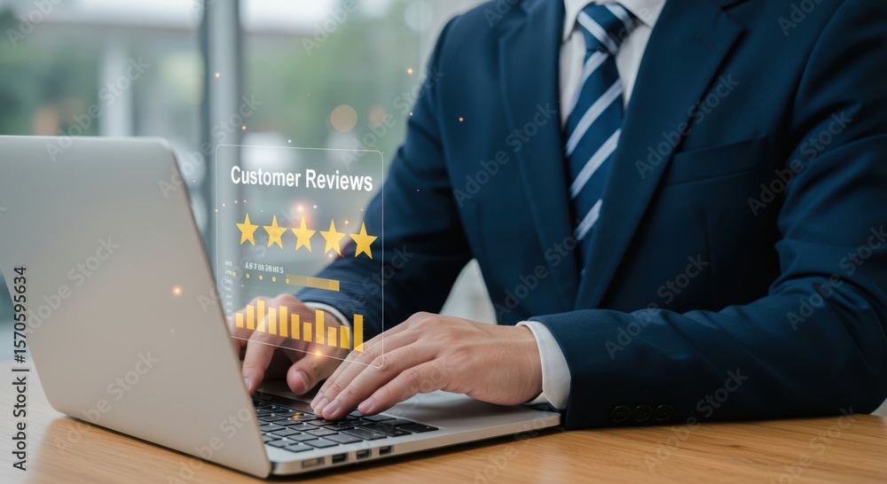 Poster businessman analyzing customer reviews and star ratings on a laptop screen with a holographic interf