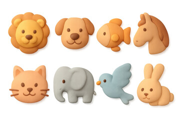 Cute animal icons illustration in simple 3d style with lion, dog, fish, horse, cat, elephant, bird, and rabbit
