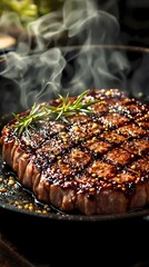 Grilled steak with rosemary and garlic in a cast iron pan, smoke and steam, juicy textures of meat