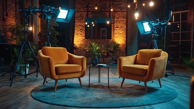 Studio. Empty studio without people. Studio for podcasts or interviews. Stylish studio. Two comfortable chairs with cameras - Powered by Adobe