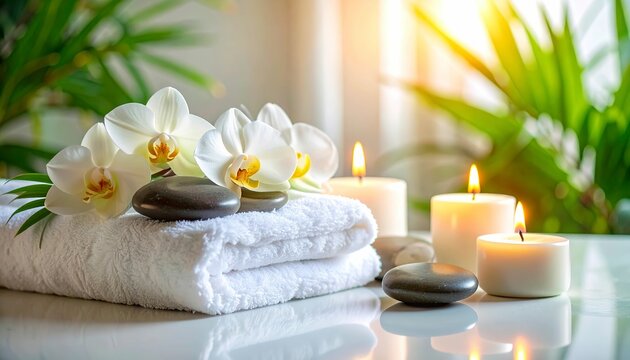Tranquil spa setup with folded towels, glowing candles on rocks, and fresh white frangipani flowers.