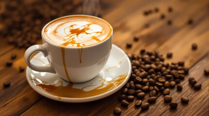  Cup of latte with foam and coffee splashes on wooden table, coffee beans nearby