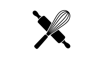 Graphic illustration of baking tools with crossed rolling pin and whisk in black silhouette style