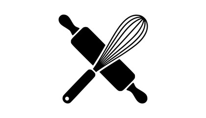 Graphic illustration of baking tools with crossed rolling pin and whisk in black silhouette style