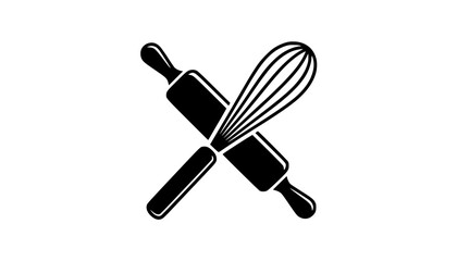 Graphic illustration of baking tools with crossed rolling pin and whisk in black silhouette style