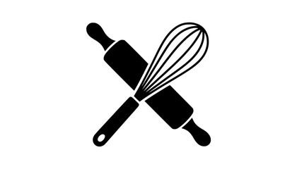 Simple black silhouette of crossed whisk and rolling pin