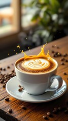  Cup of latte with foam and coffee splashes on wooden table, coffee beans nearby