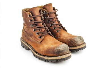 Vintage Leather Work Boots Durable Footwear Fashion Grunge Style with Laces on white background. Generative AI