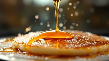  Drops of honey falling on fresh pancakes