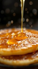  Drops of honey falling on fresh pancakes