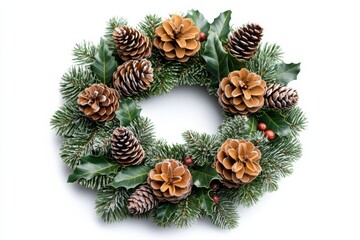 Christmas Wreath Celebration Pine Cones Holly and Winter Festive Traditions on white background. Generative AI