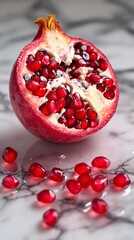 Sliced ​​pomegranate with juicy ruby ​​seeds, drops of juice on marble surface