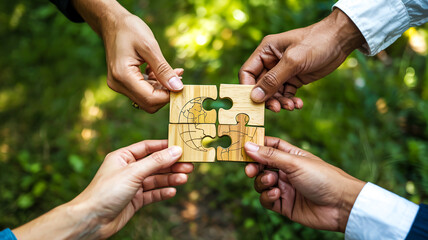 High-angle shot Four hands unite, connecting wooden puzzle pieces over blurred green grass background, symbolizing teamwork