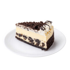 Delicious oreo cheesecake slice with whipped cream isolated on transparent background