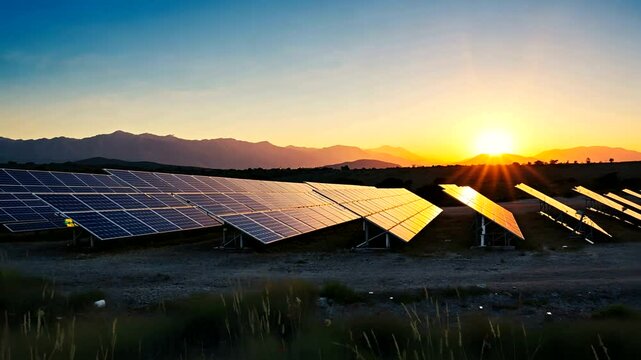 Solar panels basking in the golden sunrise, set against a mountainous landscape, highlighting renewable energy