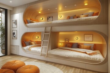 Unique villa kids room design with two beds featuring a ladder and cozy lighting for a charming girl's bedroom