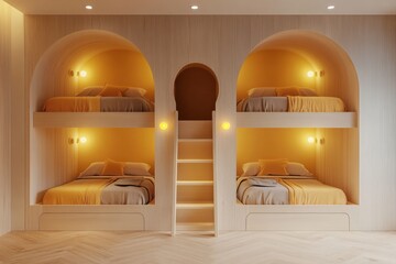 This charming kids room features two creatively designed beds with varying heights, a central ladder, and warm yellow bulbs to illuminate the cozy space.