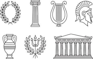 Ancient Greek Mythology & History Outline Icons: Column, Lyre, Temple & Laurel