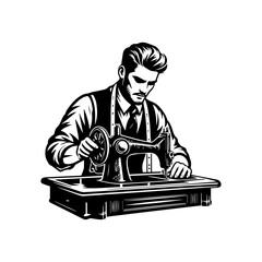 A stylized illustration of a tailor working on a vintage sewing machine.